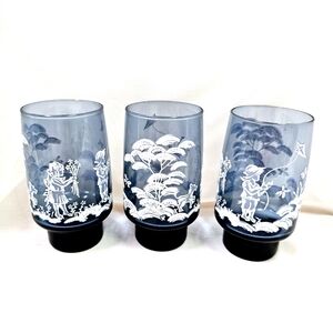 Vintage 3pc Libbey Cobalt Blue & White Mary Gregory Boy & Girl With Dog Glasses